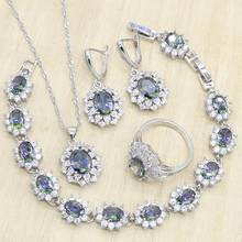 925 Silver Jewelry Sets for Women Multi Color Rainbow Zircon Earrings Pendant Necklace Rings Bracelet Wedding Jewelry Gift 4PCS 2024 - buy cheap