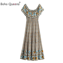 Boho Queens Women Floral Print Short Sleeve Bohemian Happie Dresses Ladies Off Shoulder Rayon Maxi Dress Robe Vestidos 2024 - buy cheap