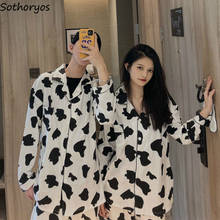 Conjunto de pijama de manga larga con cuello vuelto para mujer, ropa de dormir transpirable de talla grande 3XL con estampado de vaca para parejas, estilo coreano, nuevo 2024 - compra barato