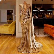 Женское вечернее платье-русалка, длинное золотистое платье с блестками и глубоким V-образным вырезом, длинное официальное платье Дубая 2024 - купить недорого
