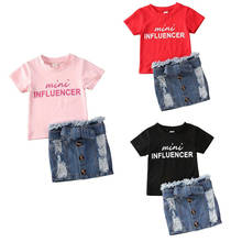 Pudcoco-Conjunto de ropa con estampado de letras para niñas, Top de manga corta, Faldas vaqueras, conjunto de moda de verano de 3 a 7 años, 2 uds. 2024 - compra barato