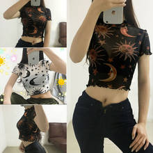 Women See-through Tee Tops Transparent Moon Star Print Short Sleeve Ruffle Mesh Femme Tops Ladies Casual T-shirt Streetwear 2024 - buy cheap