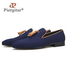 Piergitar new two colors men canvas shoes with leather tassel handmade men's loafers wedding and party male smoking slippers 2024 - buy cheap