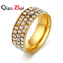 QianBei  Full Size Three Row Clear Crystal Stainless Steel Wedding Rings Fashion Jewelry Made With Crystals 2024 - buy cheap
