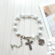 QIGO  Religious Cross Jewelry Metal Rose White Crystal Rosary Bracelet 2024 - buy cheap