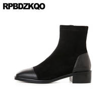 Women Ankle Big Size Black Chunky Genuine Leather Fashion Plus Side Zip Boots Square Toe Winter Thick Suede 10 High Heel Shoes 2024 - buy cheap