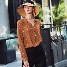 100% Silk Blouse Women Simple Design Vintage Dot Printed Turn-down Collar Long Sleeves Loose Casual Top New Fashion Look 2024 - buy cheap
