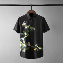 Minglu camisa masculina de manga curta de algodão, camiseta masculina luxuosa com estampa digital de flor e pássaro, slim fit, 4xl, 100% 2024 - compre barato