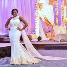 Белое Южноафриканское свадебное платье на одно плечо, сексуальные свадебные платья русалки, золотые кружевные аппликации, свадебные платья 2024 - купить недорого