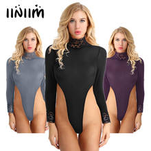 Catsuits-Lencería transparente de manga larga para mujer, ropa interior de cuerpo con cuerda transparente, cuello alto, gancho en la entrepierna, tangas de corte alto, leotardo 2024 - compra barato