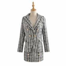 Conjunto elegante de blazer feminino, duas peças, xadrez, jaqueta, tweed, casual, conjunto chique 2024 - compre barato