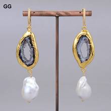 GG Jewelry Natural Freshwater Cultured White Keshi Pearl Gold Color Plated Quartz Agates CZ Hook Earrings Vintage For Women 2024 - buy cheap