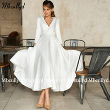Mbcullyd Simple Satin Wedding Dress V-neck Sleeve A-Line Customized Tea Length Bride Gown 2020 Vintage Vestido de Noiva 2024 - buy cheap