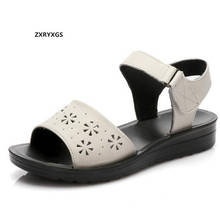 Sandalias abiertas de piel auténtica para mujer, Calzado cómodo y elegante para madre, Sandalias planas antideslizantes informales para verano, promoción 2021 2024 - compra barato