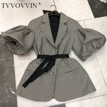 Tvvovvin blazer xadrez com manga bufante, casaco retrô de renda fina feminino jaqueta outono 2020 b318 2024 - compre barato