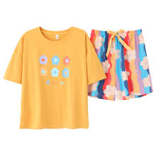 Пижама женская хлопковая с коротким рукавом и шортами, с цветочным принтом 2024 - купить недорого