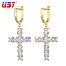 US7-pendientes de circonia cúbica para hombre y mujer, aretes colgantes con Micro Cruz incrustada, de Color dorado y plateado, joyería Hip Hop 2024 - compra barato