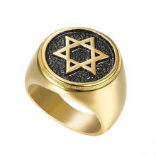 Hip Hop Gold Color Stainless Steel Jewish Star of David Round Finger Ring for Men Rapper Jewelry Drop Shipping 2024 - buy cheap