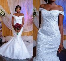 elegant off shoulder mermaid wedding dresses ruffle sleeveless beads arab bridal dress sweep train lace up wedding gown 2024 - buy cheap