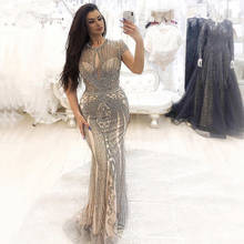 Luxury Silver Gold Mermaid Evening Dresses Long Beaded Crystal Short Sleeve Evening Gowns Robe De Soiree Fomal Dress Longo 2024 - buy cheap