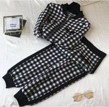 Retro preto e branco houndstooth casual zip camisola jaqueta + calças de malha duas peças conjunto feminino outono e inverno roupas 2024 - compre barato