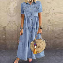 Women Denim Jeans Dress Elegant Turn-down Collar Buttons Long Party Dress New Summer Solid Short Sleeve Pocket Slit A-Line Dress 2024 - buy cheap