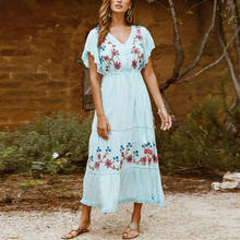 TEELYNN-Vestido largo de algodón con bordado de flores para mujer, vestido largo informal con cuello de pico, cintura ajustada, para playa, 2020 2024 - compra barato