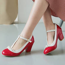 High Heels Women Pumps Patent Leather Bow Block High Heel T-Strap Shoes Buckle Mary Jane Party Shoes Lady Red Size 2024 - buy cheap