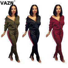 VAZN New casual 2020 early autumn sexy lady 3 colors 2-piece solid set full sleeve zipper fly coats long pants set sport new set 2024 - buy cheap