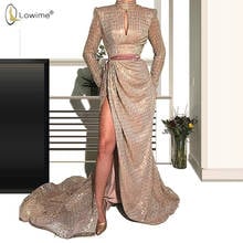 Dubai High Neck Long Sleeve Evening Dresses Side Split Sweep Train Muslim Vestido De Festa Pageant Celebrity Vestidos 2024 - buy cheap