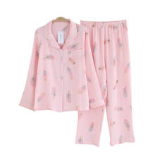 Conjunto de pijama de manga comprida, pijama feminino de algodão crepe com penas estampado, roupas domésticas 2024 - compre barato