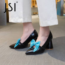 JSI-zapatos de tacón de piel auténtica para mujer, calzado de punta estrecha con nudo de mariposa, poco profundos, punta redonda superalta, VO18 2024 - compra barato