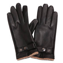 Luvas masculinas de couro genuíno., luvas de alta qualidade pretas de couro de deerskin espesso, moda clássica, inverno, lã quente, tricotada dq107. 2024 - compre barato