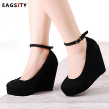 EAGSITY  Suede Women Wedges shoes pumps round toe ankle strap platform ladies high heel shoes party office career 2024 - buy cheap