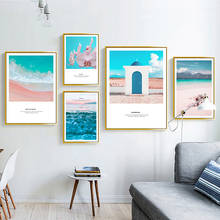 Praia costeira paisagem lona cartaz nórdico rosa mar arte da parede impressão pintura decoração imagem escandinavo sala de estar decoração 2024 - compre barato