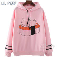 Kawaii gothic womens roupas bonito sushi gato streetwear casual hoodies o-pescoço branco rosa moletom com capuz engraçado roupas kpop 2024 - compre barato