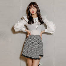 new arrival fashion set women spring OL casual white peter pan collar loose shirt and houndstooth mini skirt two piece set 2024 - buy cheap