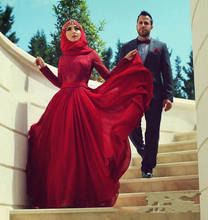 Vestidos de Noche musulmanes rojos, línea A, cuello alto, mangas largas de gasa de encaje, Hijab Dubai, vestido de noche largo árabe saudita para baile de graduación 2024 - compra barato
