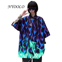 Nyoolo-camisa solta de manga curta unissex, blusa vintage, hip hop, com retalhos de chamas, roupa para o verão, estilo single-breasted 2024 - compre barato