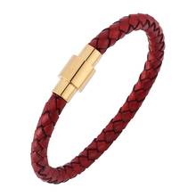 2019 nova moda vermelho genuíno trançado pulseira de couro das mulheres dos homens fecho magnético charme pulseiras masculino jóias femininas pd0251r 2024 - compre barato