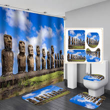 Alta qualidade 3d moai banheiro cortina de tecido cortinas de chuveiro anti-skid banho tapete tampa do toalete capa de banho tapete decoração de casa 2024 - compre barato