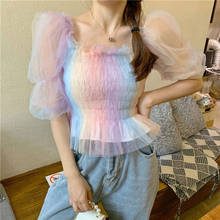 Heydress Office Lady Summer Japan Style Kawaii Korean Chiffon Blouse Rainbow Blouse Women Puff Sleeve Square Collar Lace Up Tops 2024 - buy cheap
