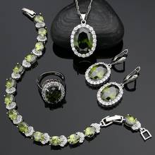 Silver 925 Jewelry Sets Olive Green Cubic Zirconia Drop Earrings Pendant Ring Bracelet Necklace Set For Women Jewelry 2024 - buy cheap