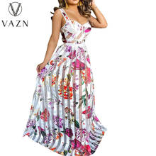 VAZN 2021 Top Quality Chiffon Holiday Retro Print Spaghetti Strap Sleeveless Joker Women's High Waist Ball Gown Maxi Dress 2024 - buy cheap