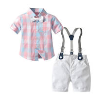 Summer Toddler Baby Boy Clothes Suits Gentleman Boy Short-Sleeve Plaid Shirt + Overalls Shorts with Tie Cotton Clothes Set 2024 - buy cheap