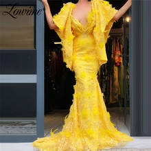 Yellow Deep V Neck Evening Dresses 2020 Puffy Sleeves Mermaid Party Gown Dubai Beaded Feathers Prom Dress Vestido De Fiesta 2024 - buy cheap