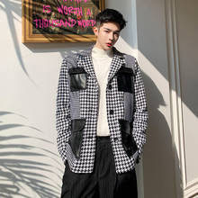 Masculino casual houndstooth splice couro bolso engrossar blazers terno casaco outerwear masculino vintage terno outerwear 2024 - compre barato