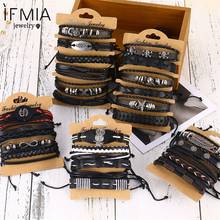 Новый Плетеный модный браслет IFMIA черного цвета ручной работы для мужчин и женщин, кожаный браслет, мужской плетеный браслет, набор ювелирных изделий, подарки 2024 - купить недорого