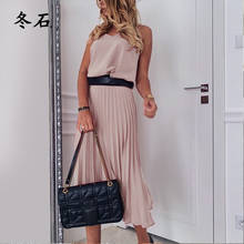 2020 Women Summer Sexy V-Neck Party Dress Elegant Spaghetti Strap Female Pleated Office Dresses Female Pink Midi Dress 2024 - buy cheap
