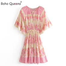 Boho rainhas feminino rosa floral imprimir profundo v-neck elestic cintura boêmio mini vestido de verão das senhoras de manga curta rayon vestido 2024 - compre barato